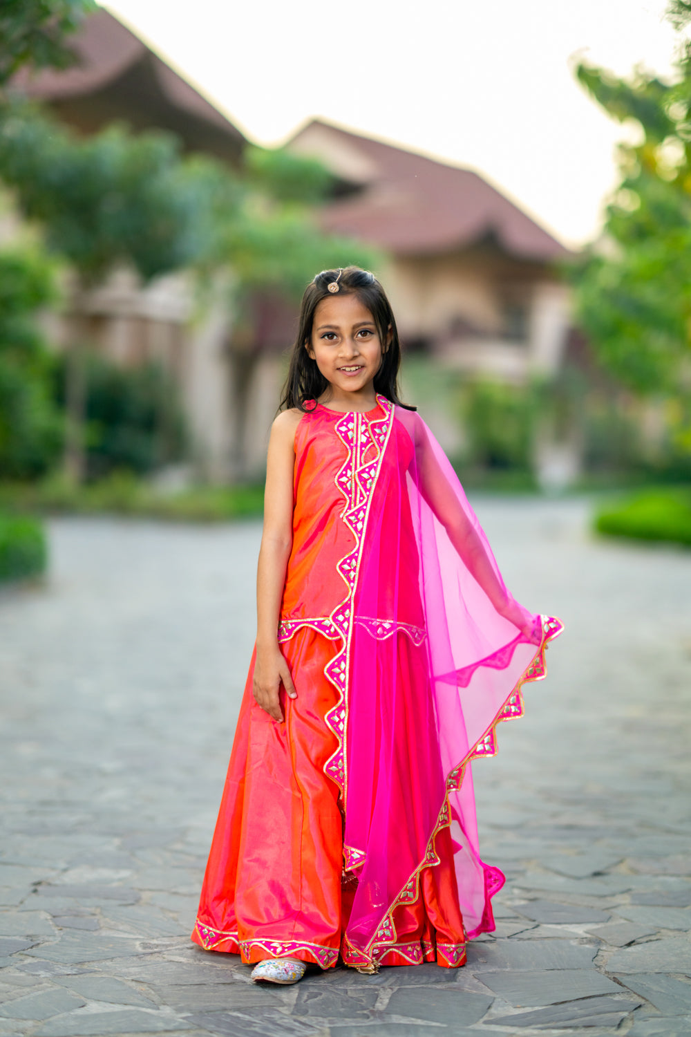 Cherry Red Printed Lehenga set for Girls