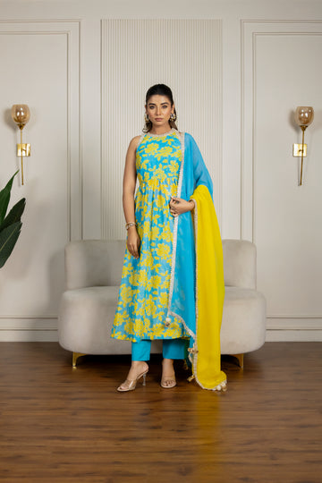 Teal Blue & Yellow Chanderi Floral Printed Anarkali Set