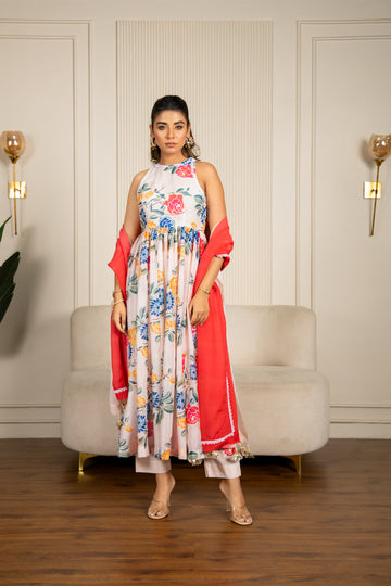 Multi-colored Chanderi Floral Printed Anarkali Set - 2