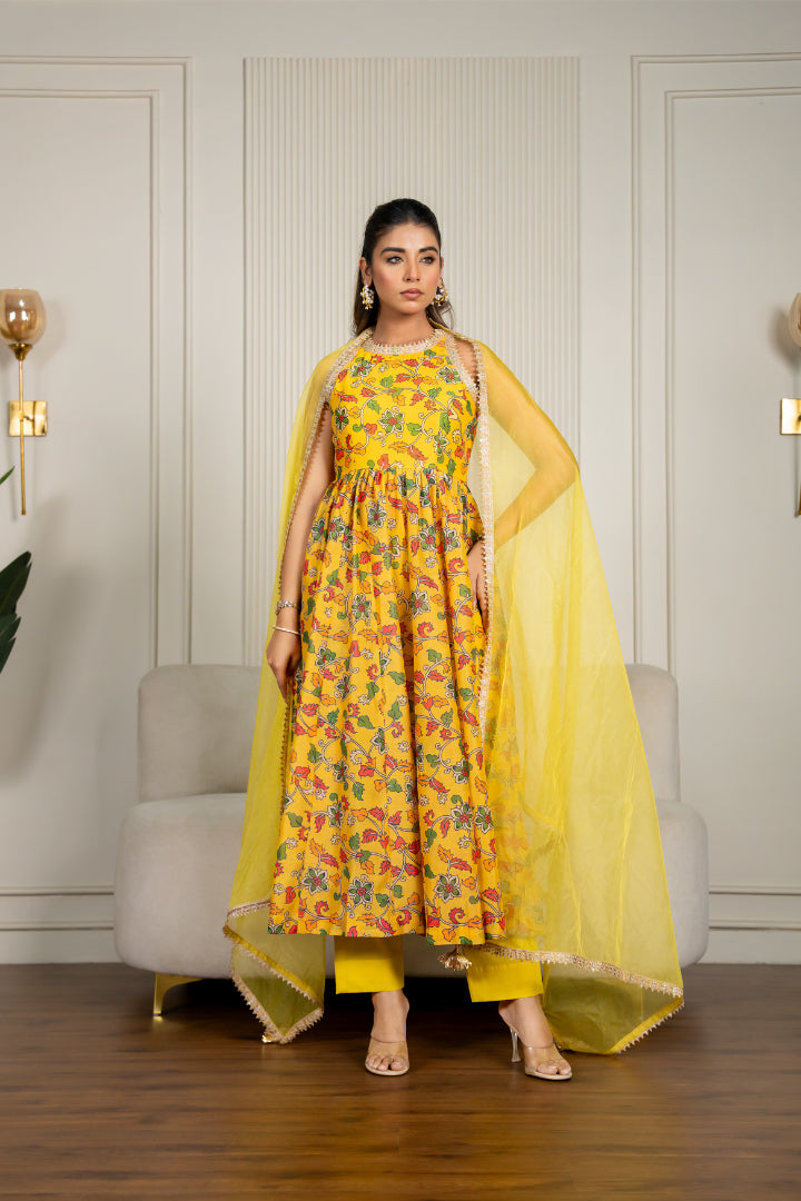 Yellow Chanderi Floral Printed Anarkali Set