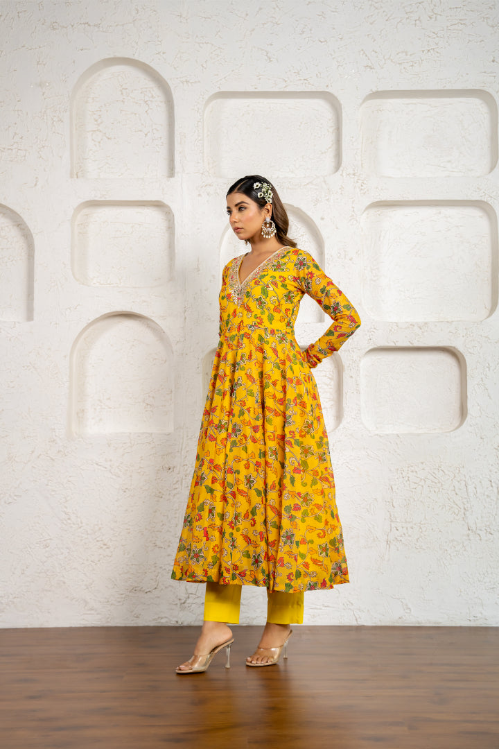 Yellow Floral Printed & Embroidered Anarkali Set