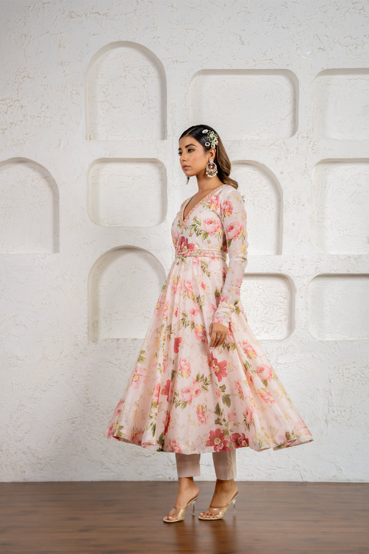 Peach Floral Printed & Embroidered Anarkali Set
