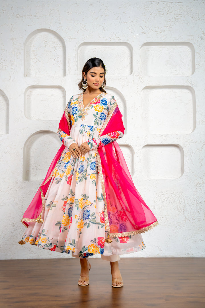 Multi-Colored Floral Printed & Embroidered Anarkali Set
