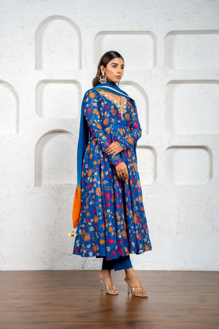 Navy Blue kalamkari Printed & Embroidered Anarkali Set
