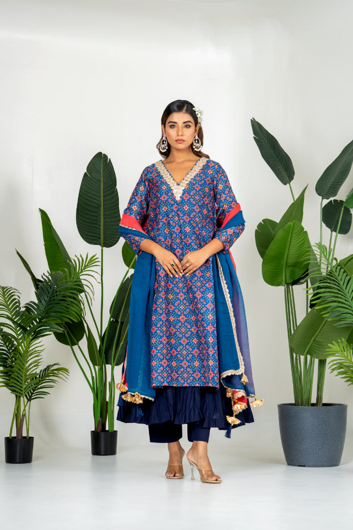 Blue Chanderi Patola Digital Printed Kurta Set