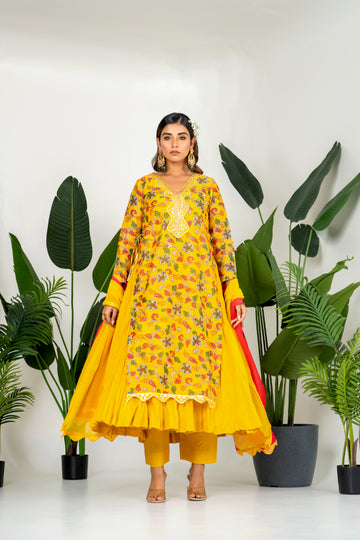 Yellow Chanderi Digital Floral Printed Kurta Set