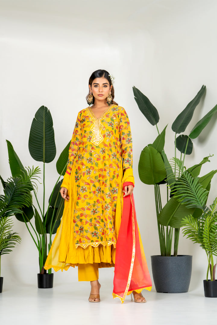 Yellow Chanderi Digital Floral Printed Kurta Set