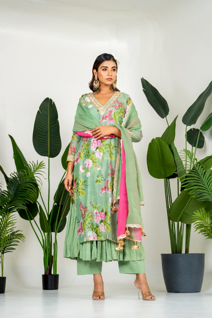 Pista Green Chanderi Digital Floral Printed Kurta Set