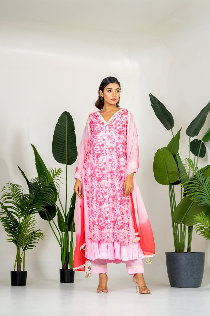 Blush Pink Chanderi Digital Floral Printed Kurta Set