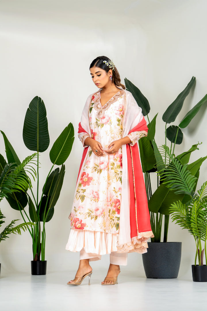 Multi color Chanderi Digital Floral Printed Kurta Set