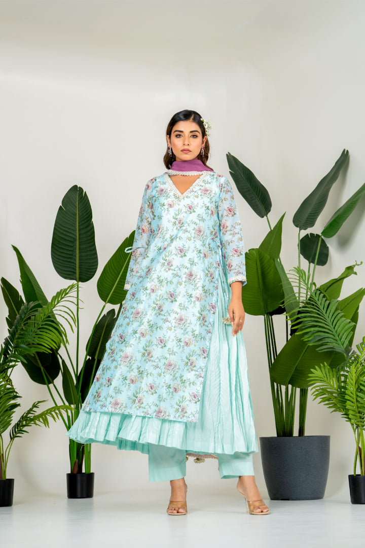 Blue Chanderi Digital Floral Printed Kurta Set