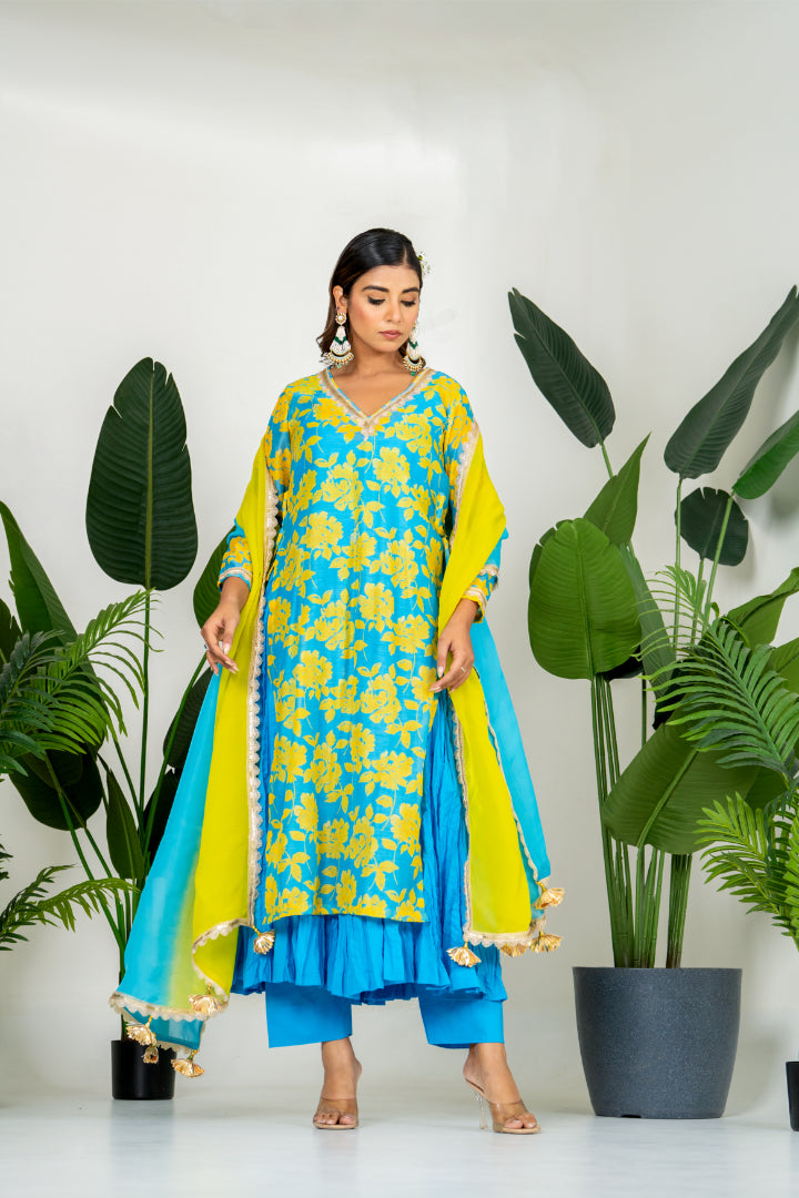 Blue & Yellow Chanderi Digital Floral Printed Kurta Set