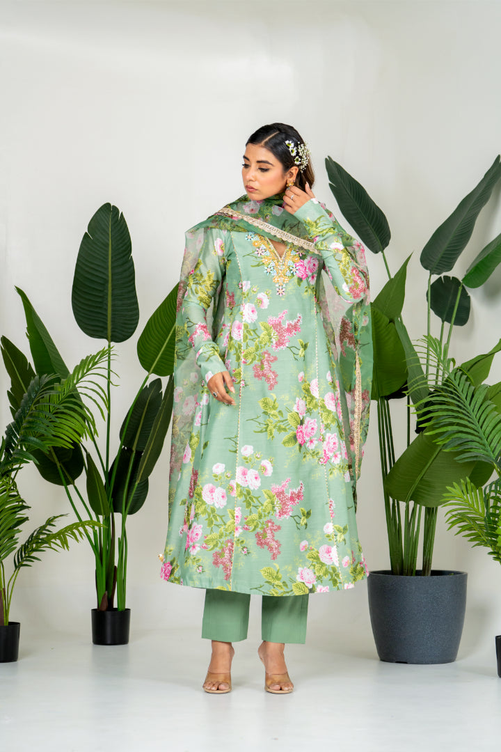 Green Chanderi Digital Printed Kurta Set