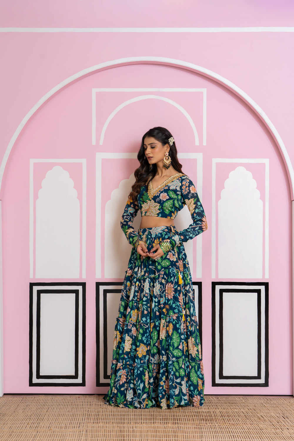 Teal Blue Chinnon Chiffon Tiered Lehenga Set
