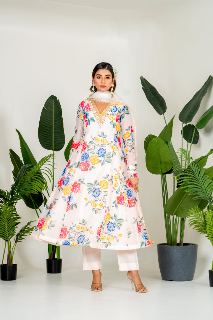 Multi-colored Chanderi Digital Printed Kurta Set