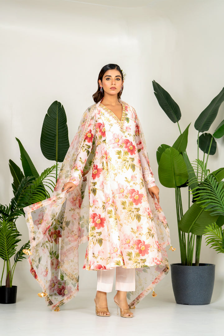 Pastel peach Chanderi Digital Printed Kurta Set