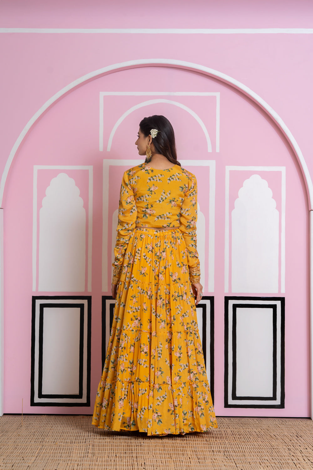 Mustard  Chinnon Chiffon Tiered Lehenga Set