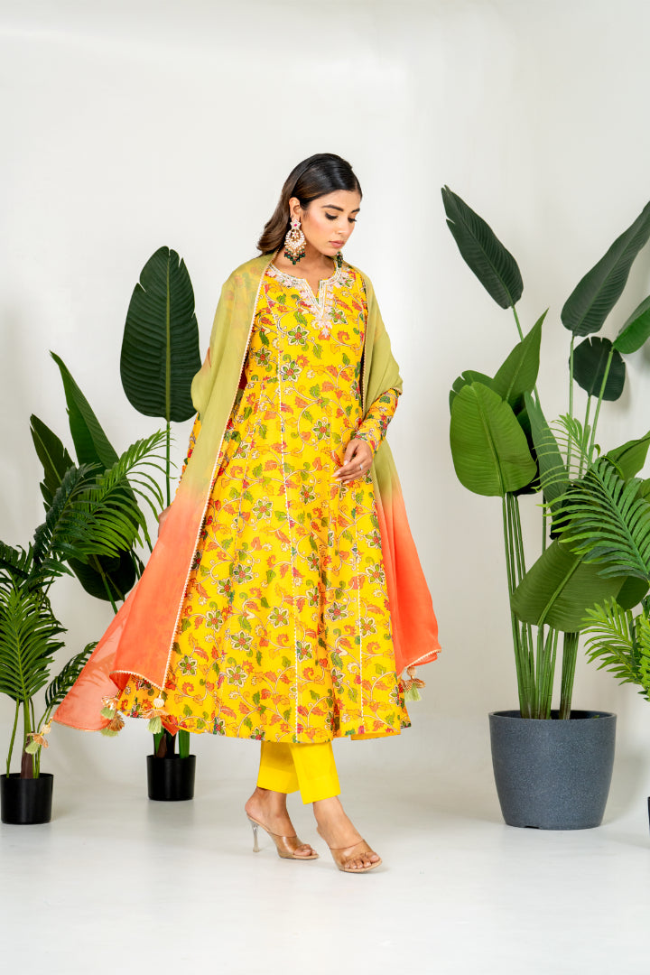 Yellow Chanderi Digital Printed Kurta Set