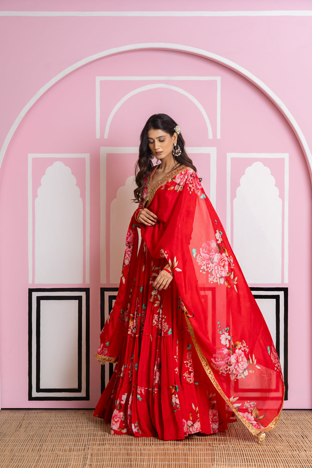 Red Chinnon Chiffon Tiered Lehenga Set
