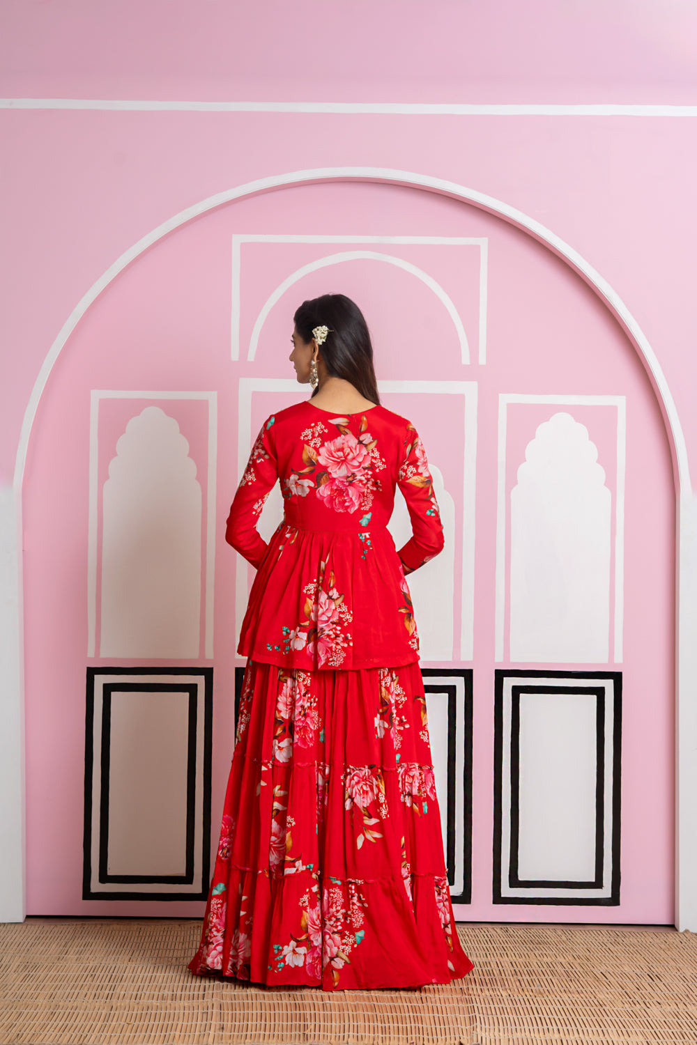 Red Chinnon Chiffon Tiered Lehenga Set