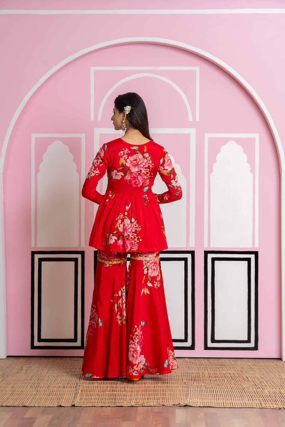 Red Chinnon Chiffon sharara Set