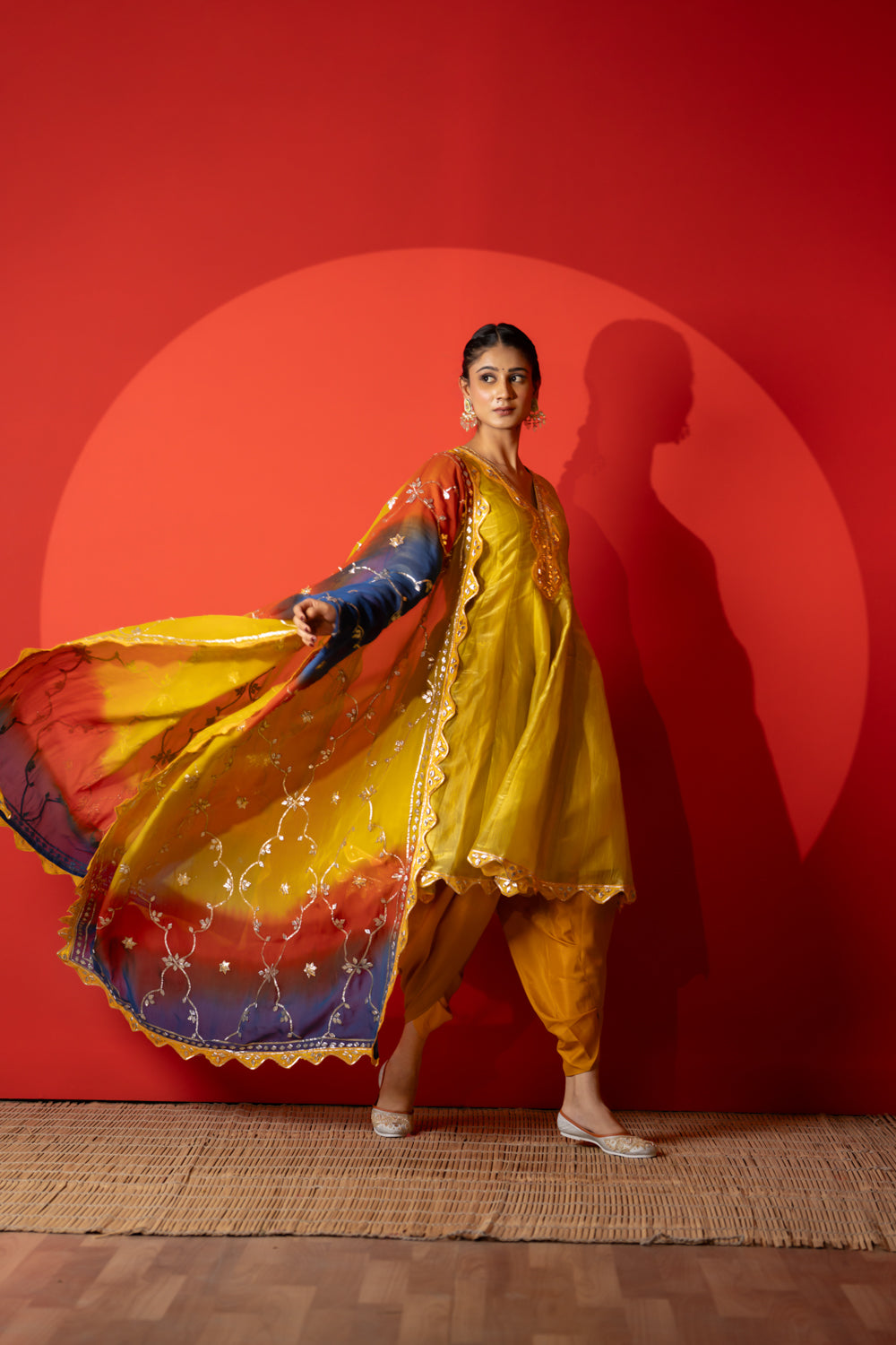 Yellow Crunchi Silk Kurta Set