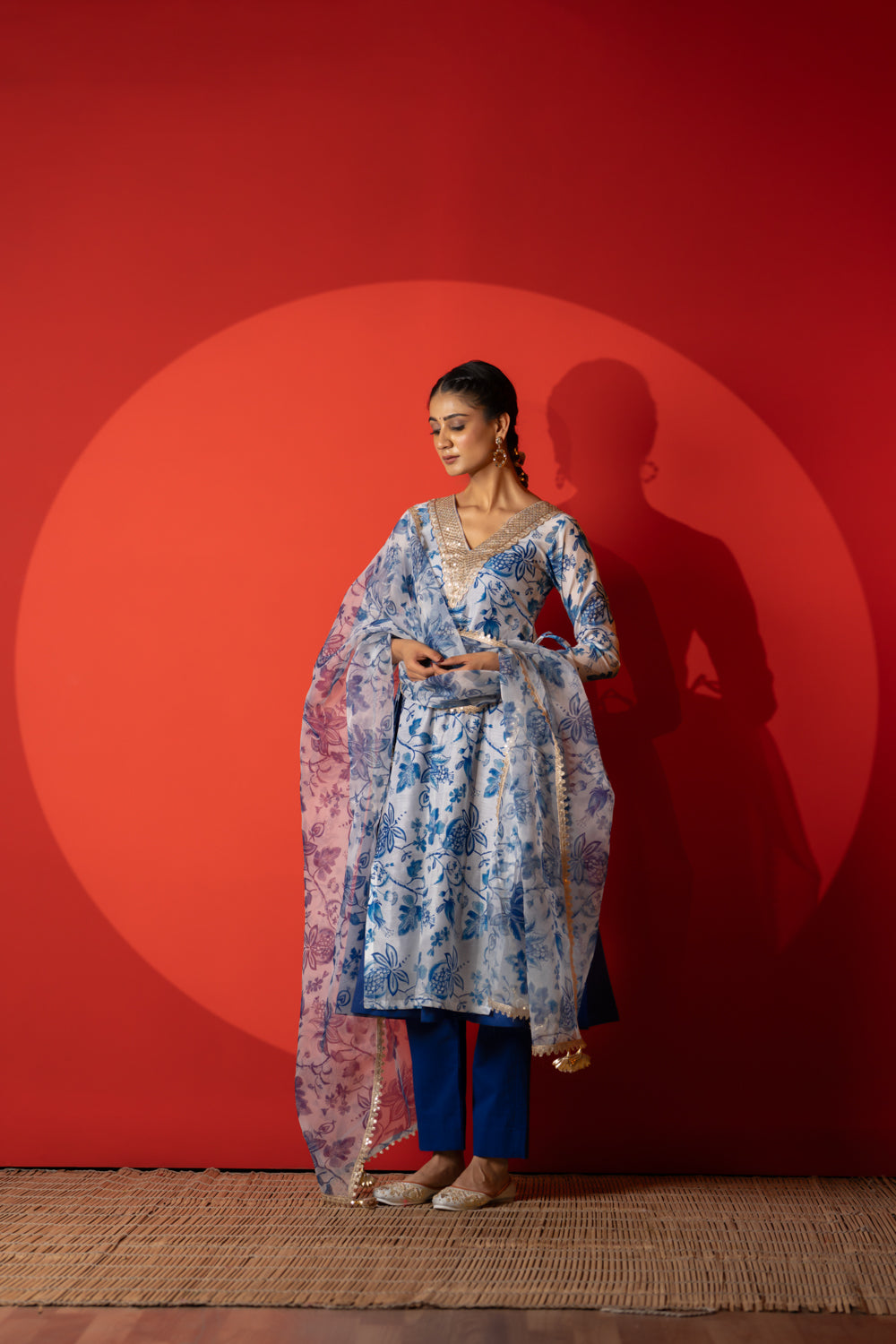 Ivory & Blue Chanderi Digital Printed Kurta Set-2