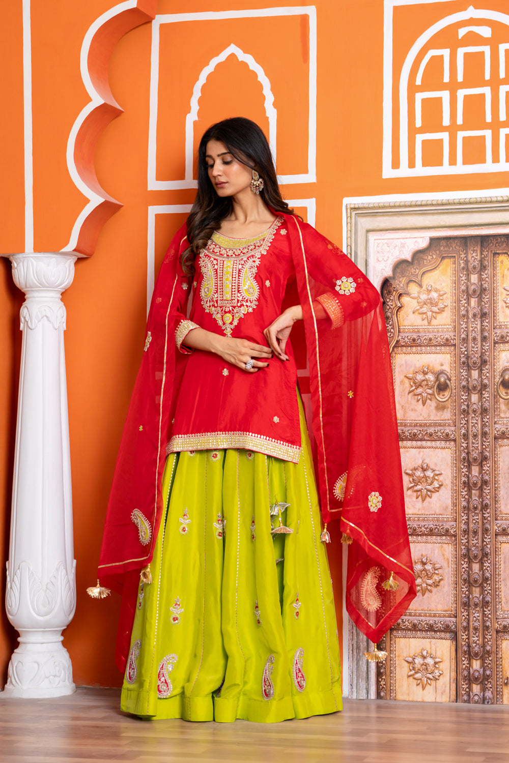Red Pure Spun Silk Marori Embroidered Lehenga Set