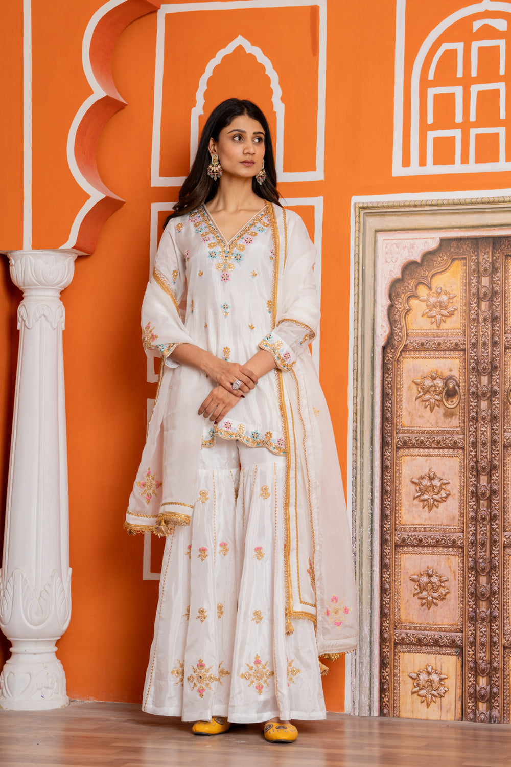 Ivory Pure Spun Silk Marori Embroidered Sharara Set