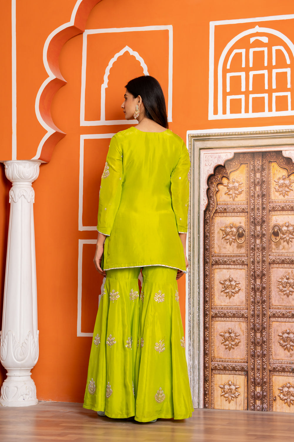 Neon Green Pure Spun Silk Marori Embroidered Sharara Set