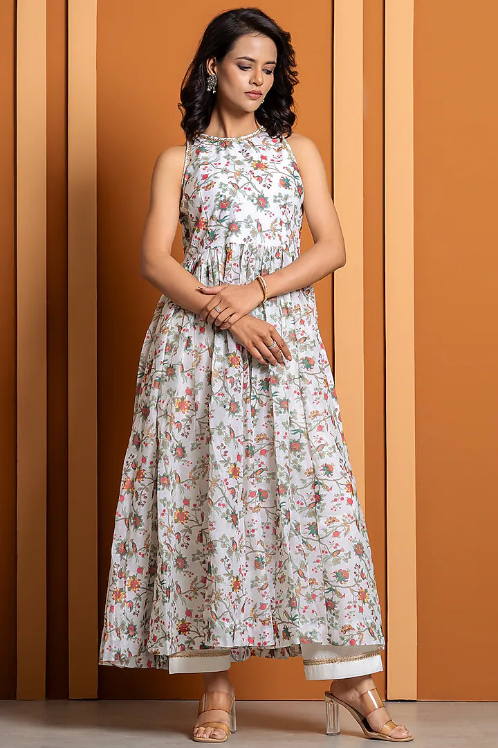 Ivory Chanderi Digital Printed Anarkali Set