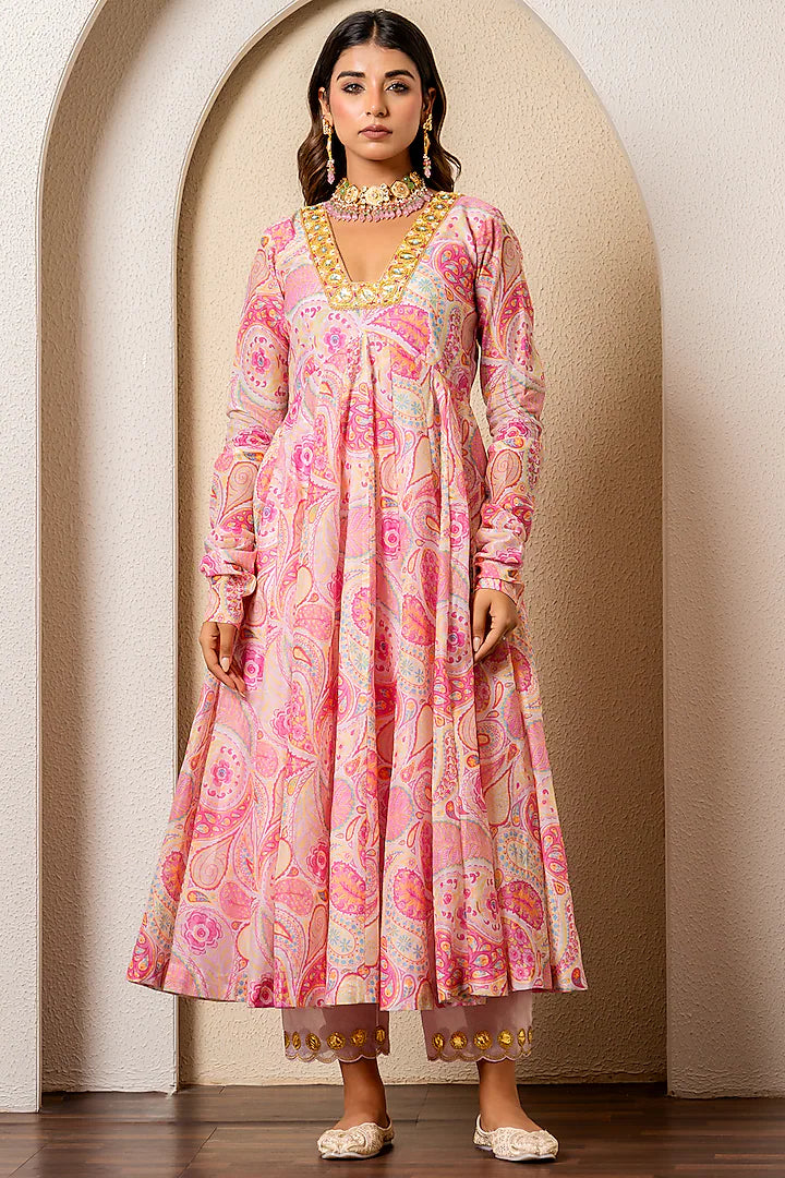 Pink Chanderi Digital Printed & Hand Embroidered Anarkali Set