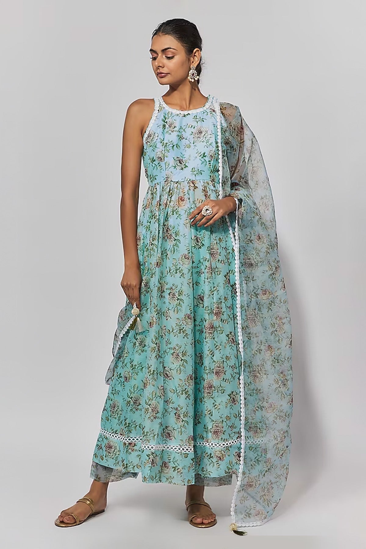 Sea Green Print Chanderi Embroidered Anarkali Set