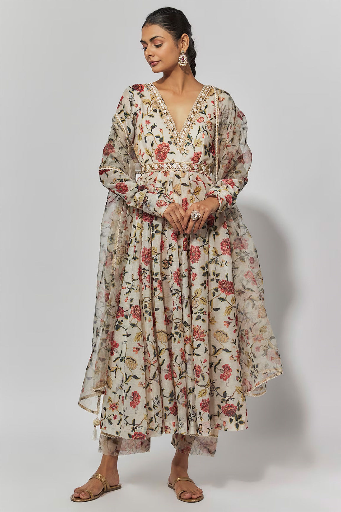 Beige Printed Chanderi Embroidered Anarkali Set