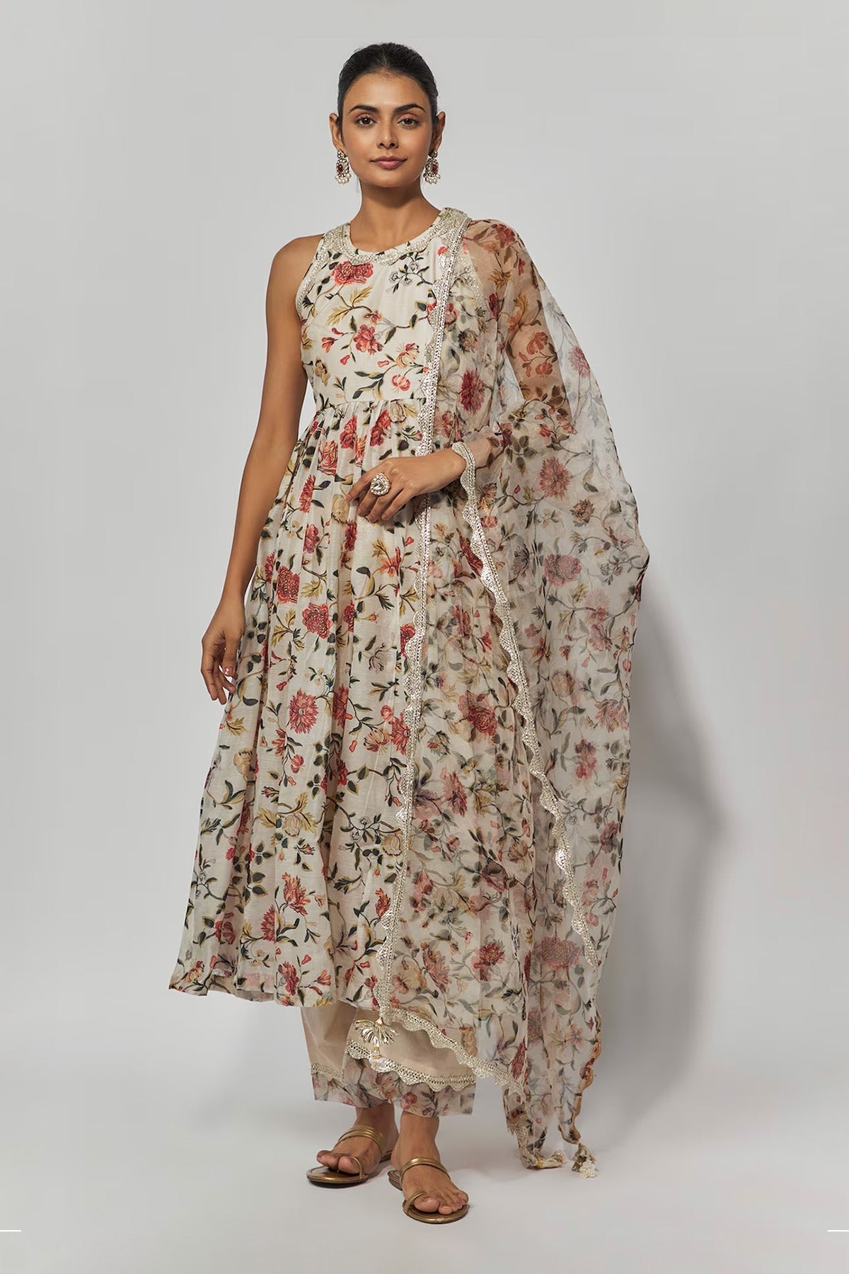 Beige Printed Chanderi Embroidered Anarkali Set