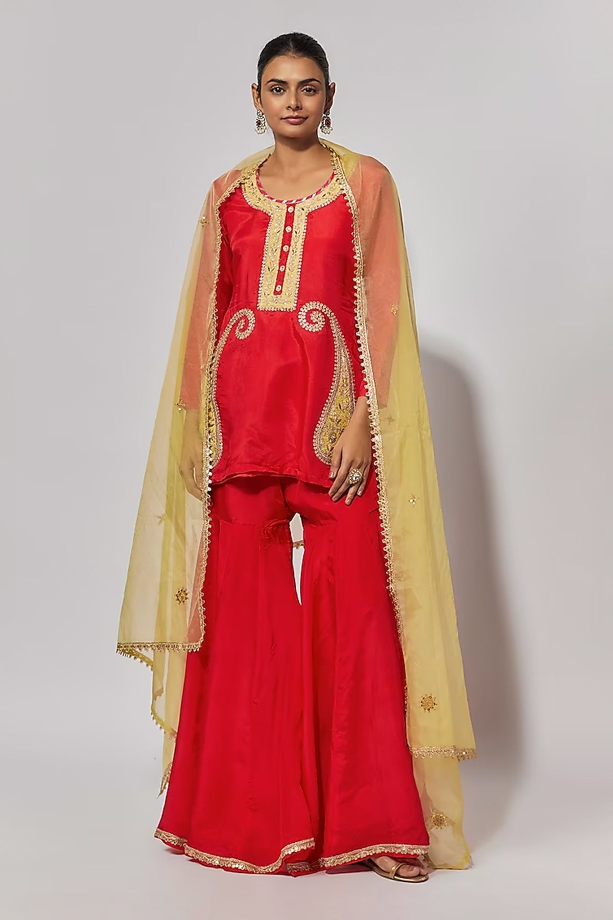 Red Pure Spun Silk Embroidered Sharara Set