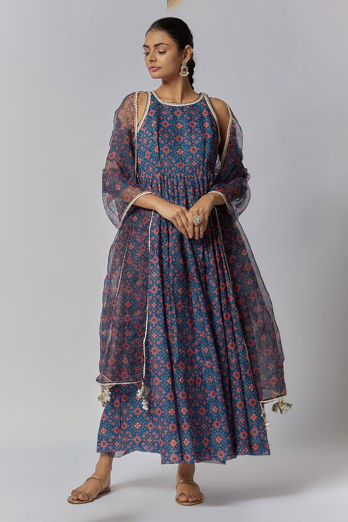 Navy Blue Chanderi Anarkali Set