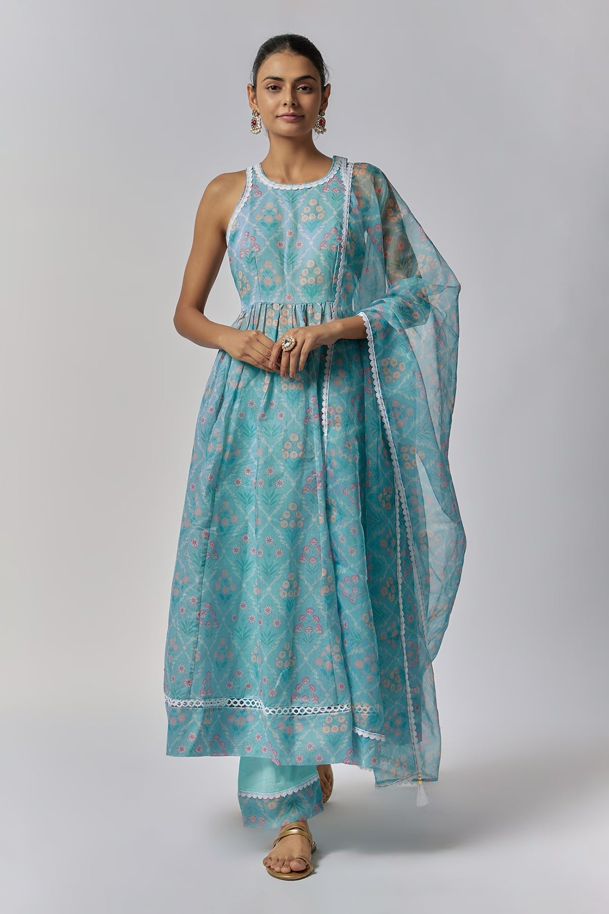 Aqua Blue Chanderi Anarkali Set