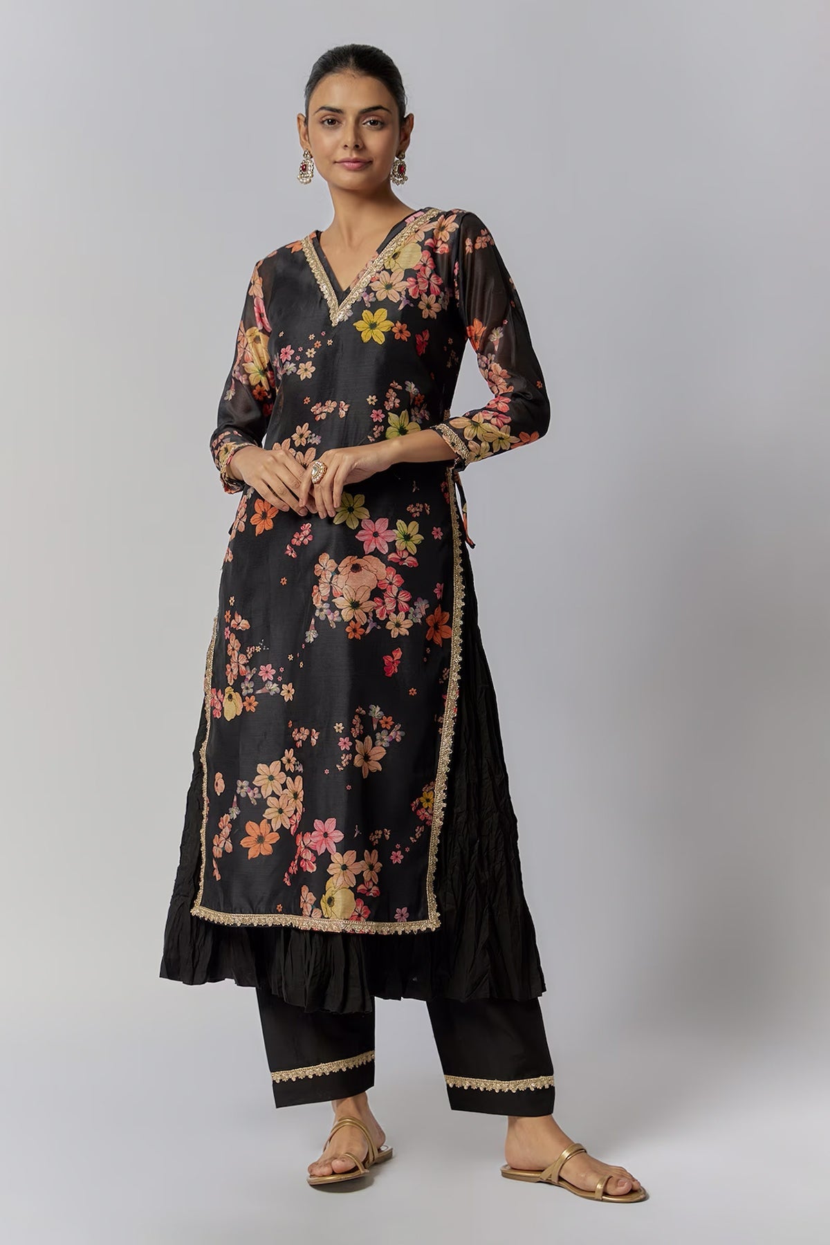 Black floral Chanderi Kurta Set