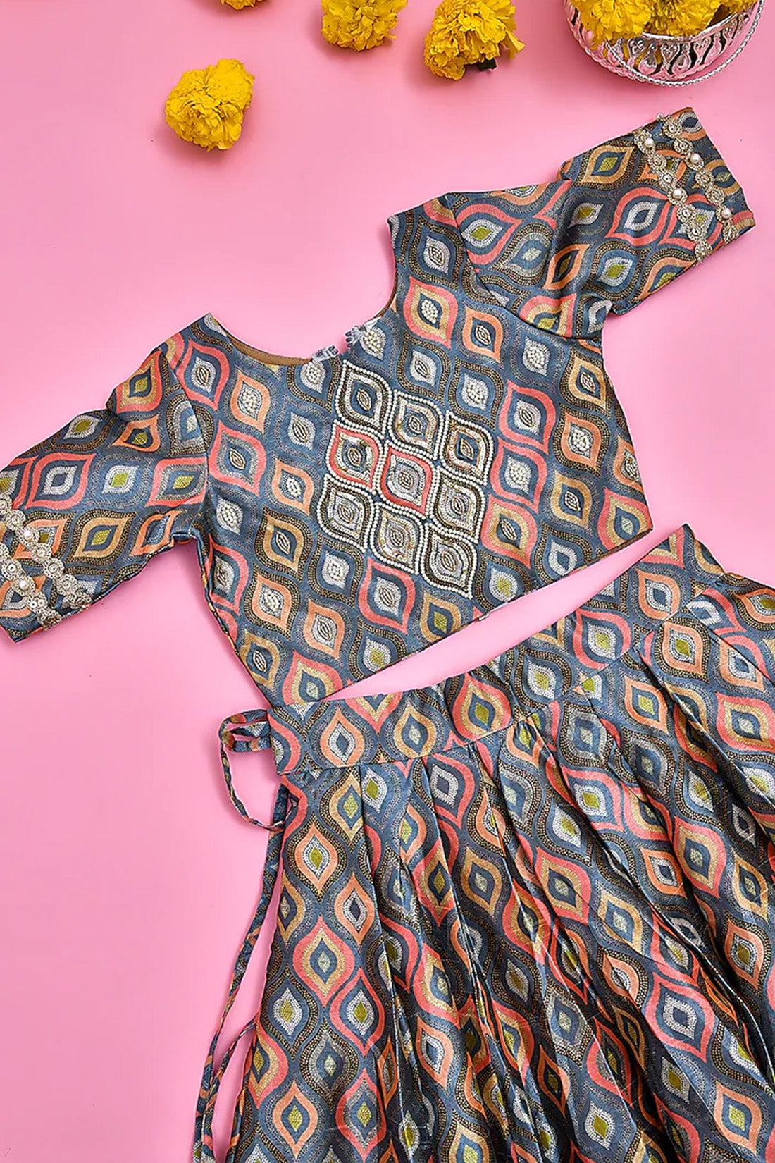 Multi Coloured Silk Lehenga Set