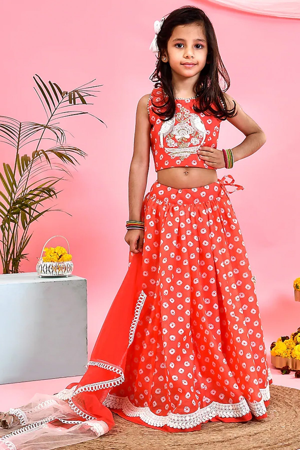 Orange Bandhej Lehenga Set w/ Handwork Blouse