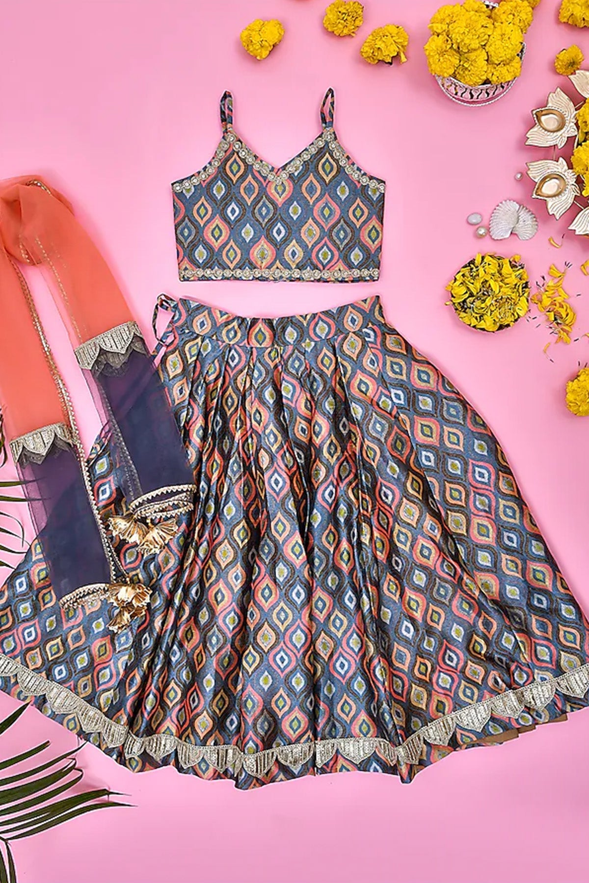 Multi Coloured Silk Lehenga Set