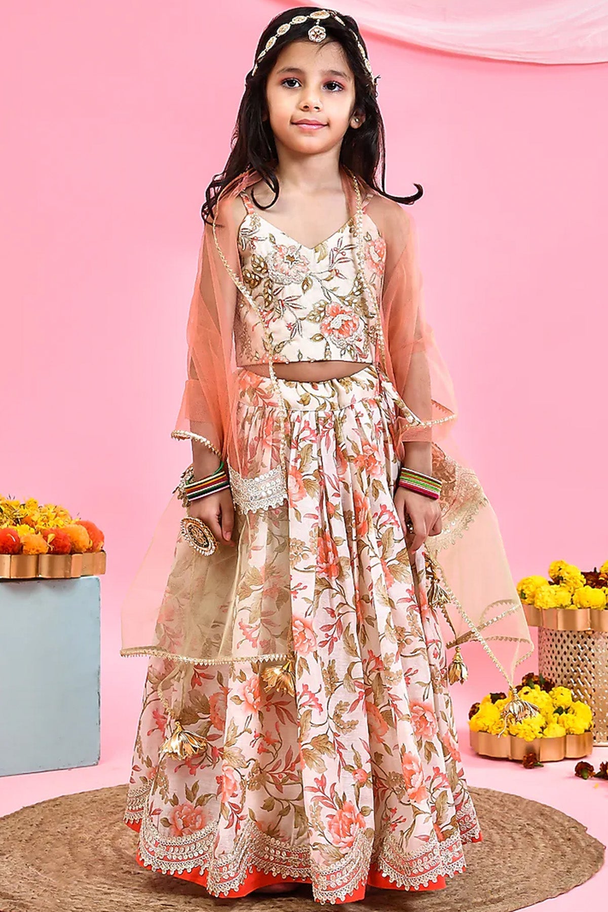 Beige Chanderi Lehenga Set