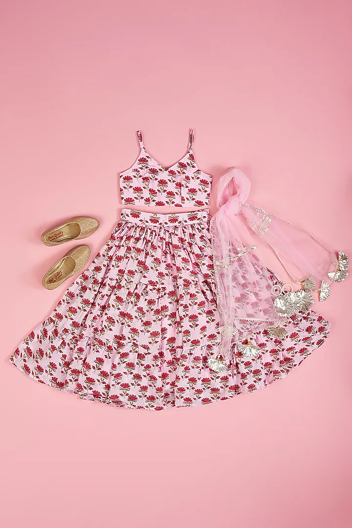 Pink Lenenga Muslin Base With Hand Block Print Lehenga Set