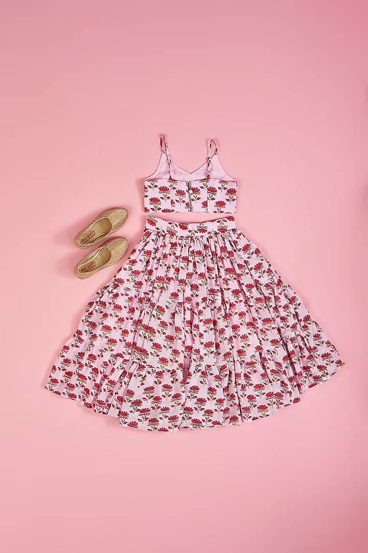 Pink Lenenga Muslin Base With Hand Block Print Lehenga Set