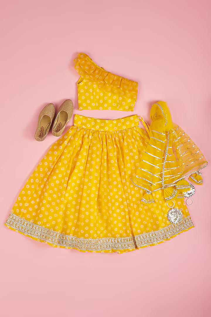 Yellow Chanderi Floral Printed Lehenga