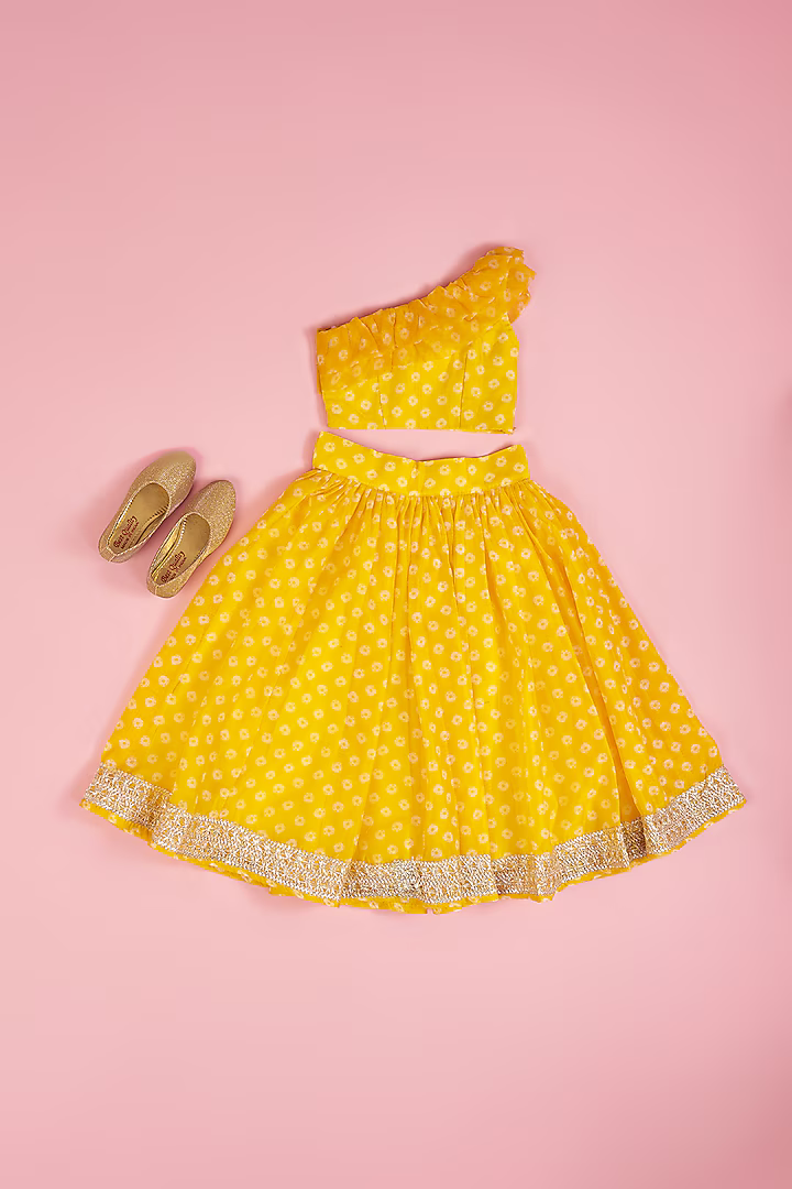 Yellow Chanderi Floral Printed Lehenga