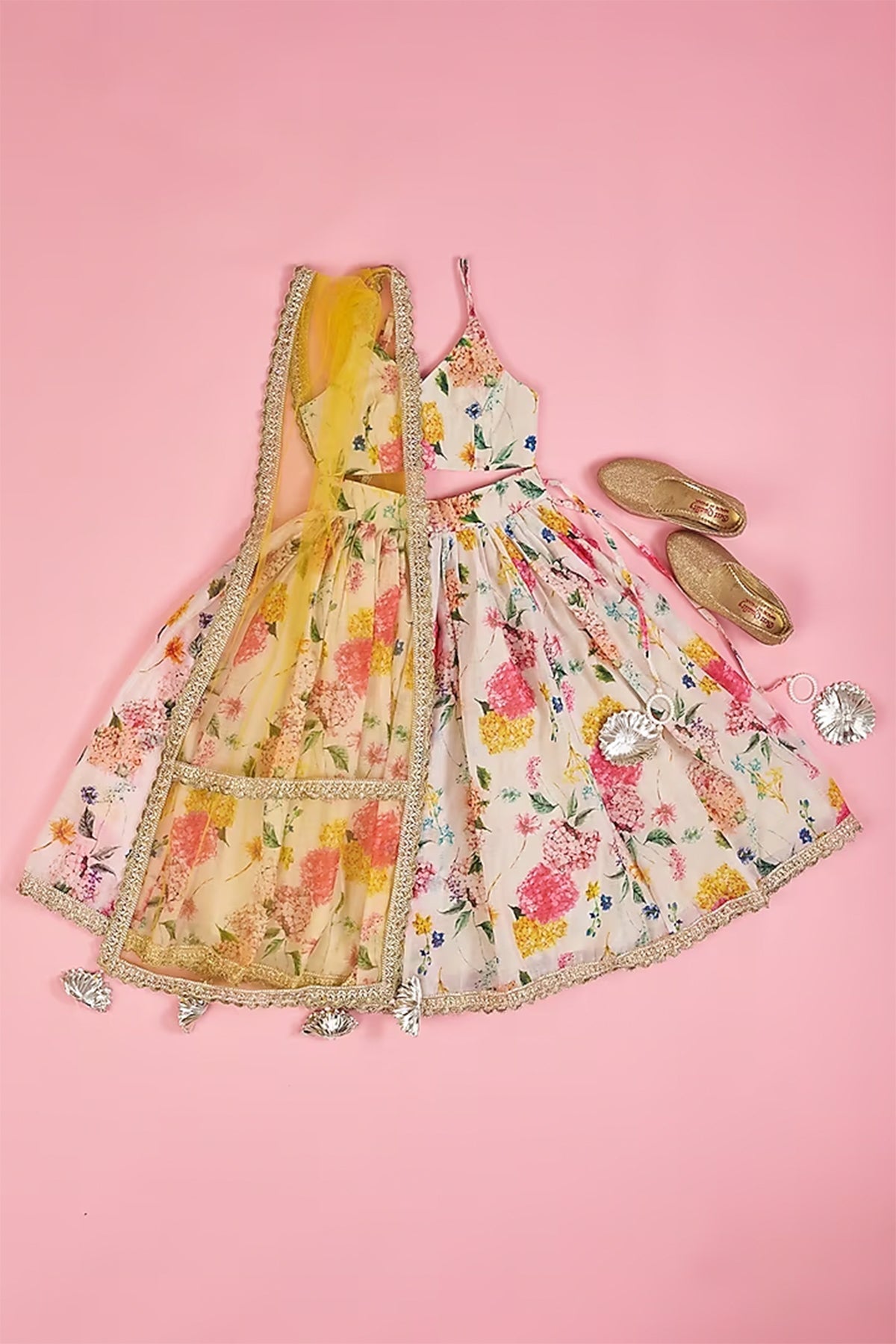 Multi Colored Chanderi Lehenga & Spegetti Top Set