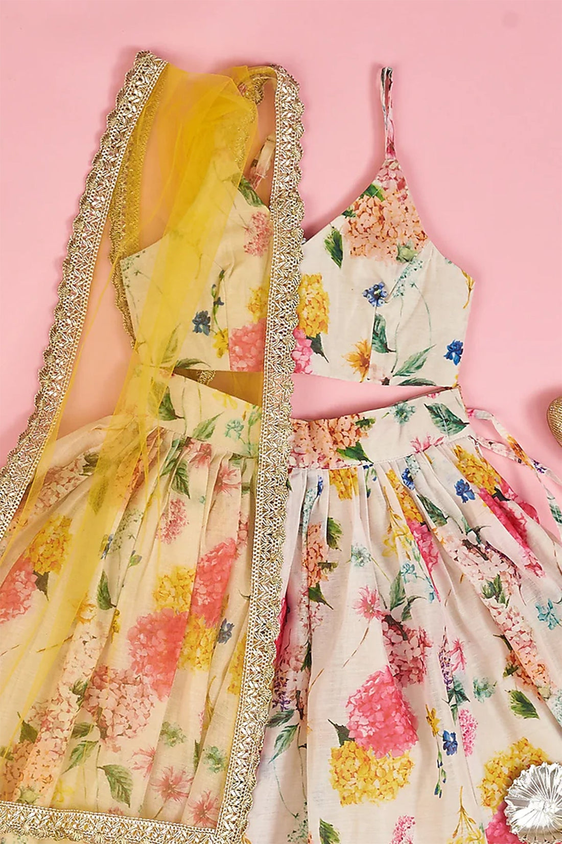 Multi Colored Chanderi Lehenga & Spegetti Top Set