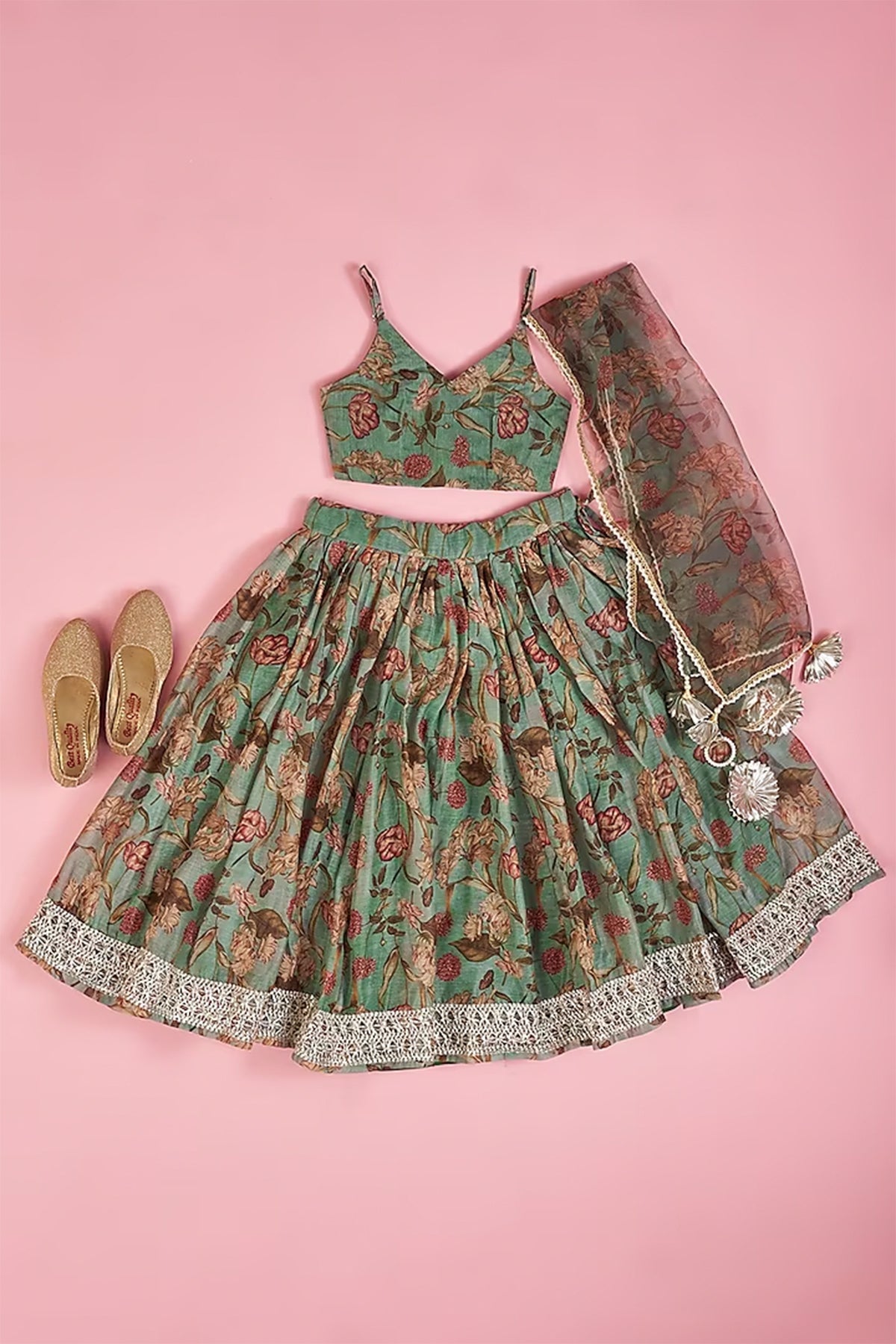 Mint Green Chanderi Lehenga & Spaghetti Top Set